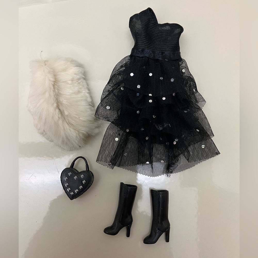 Barbie 4 pc Outfit Black-Silver Dress, Black Boots, Pocketbook & Barbie Shawl